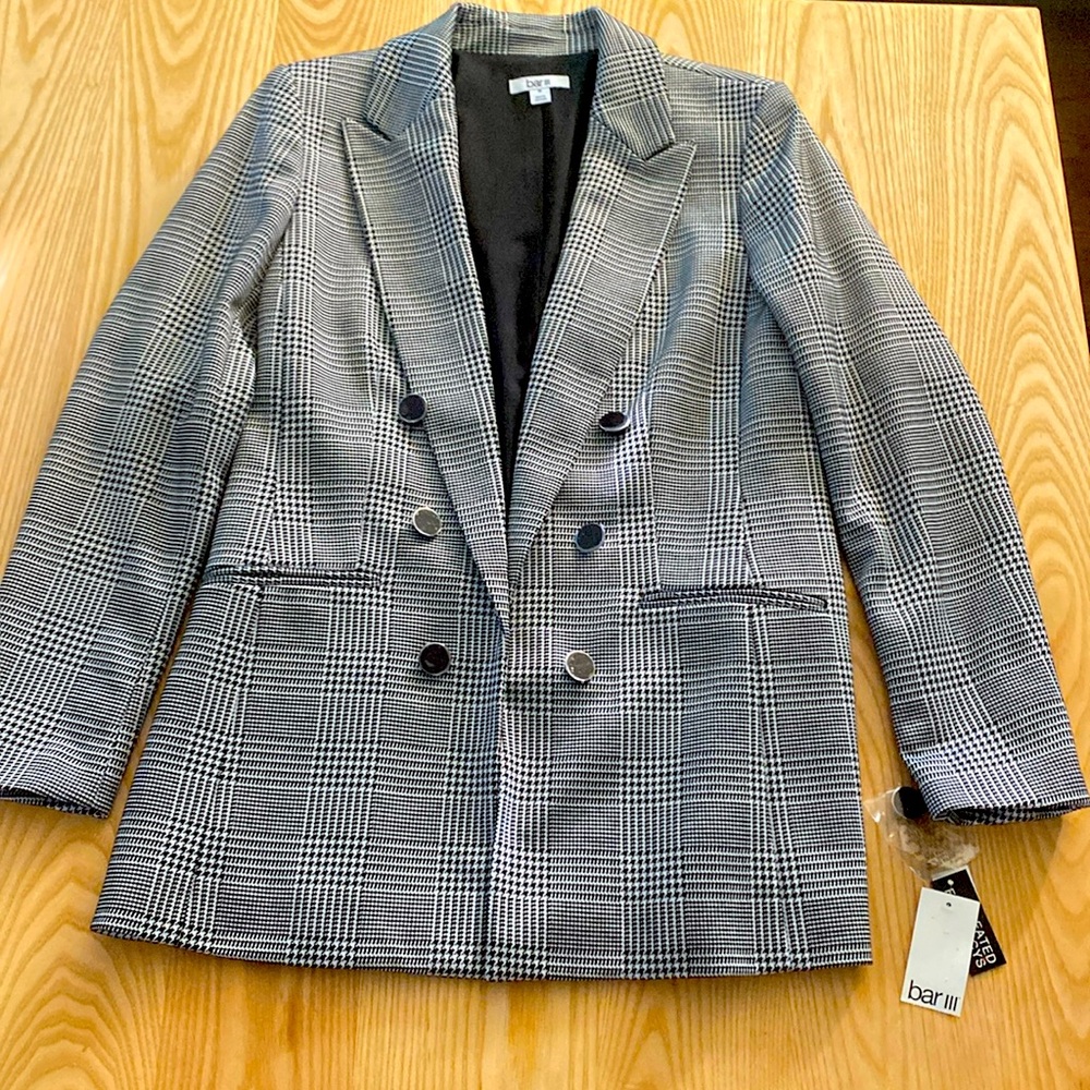 Bar III Black and White Glen Plaid Double-Breasted Blazer